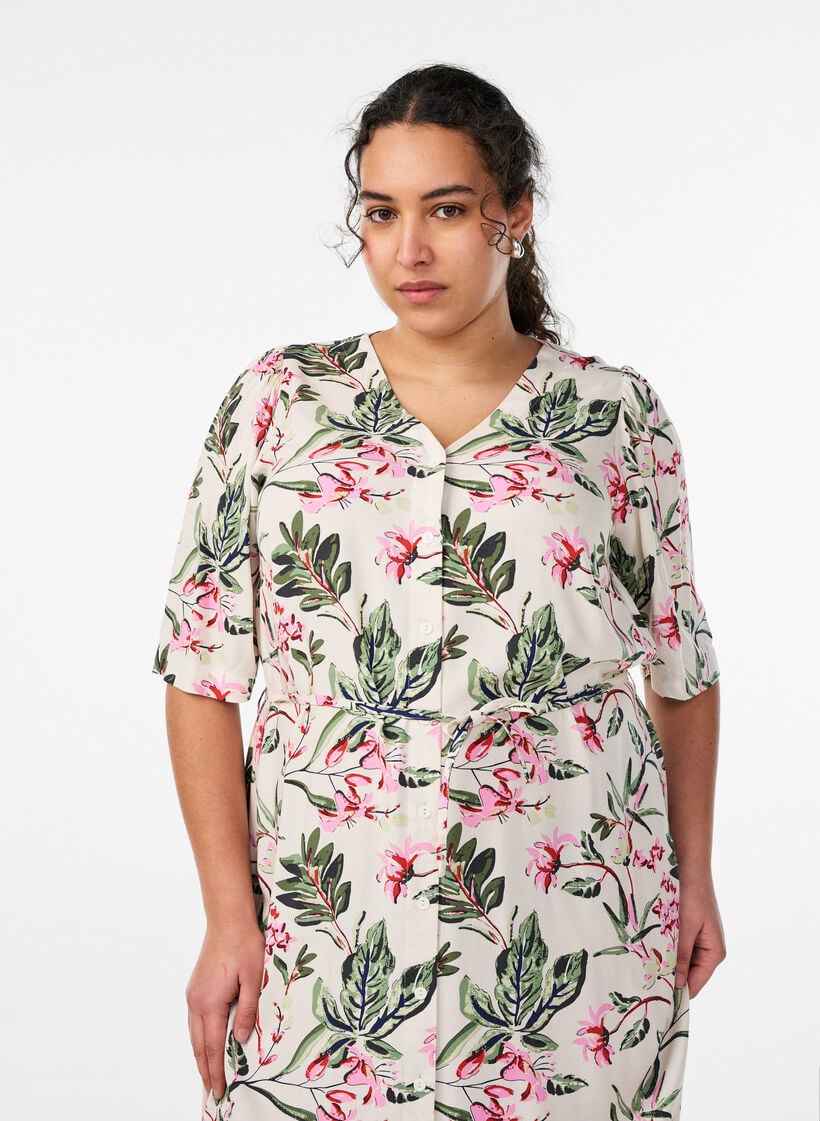 Midijurk met print en strikceintuur, Vanille, Model image number 2