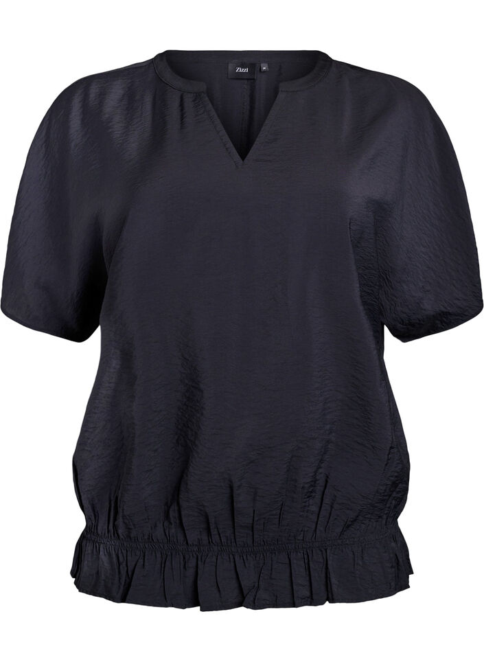 Blouse met korte mouwen en een rucherand, Zwart, Packshot image number 0