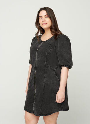 Denim jurk met korte mouwen en ritssluiting, Grey Denim ASS, Model image number 0