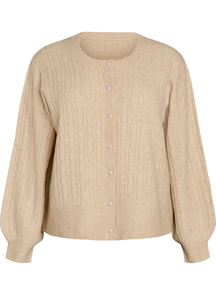 Kabelgebreid vest met parelknopen, Beige, Packshot image number 0
