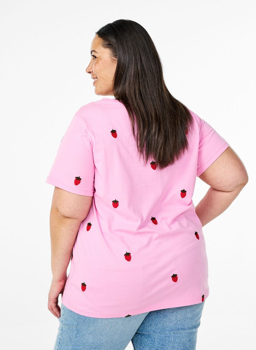 T-shirt en coton biologique avec motifs brod&eacute;s, Rose, Model image number 2