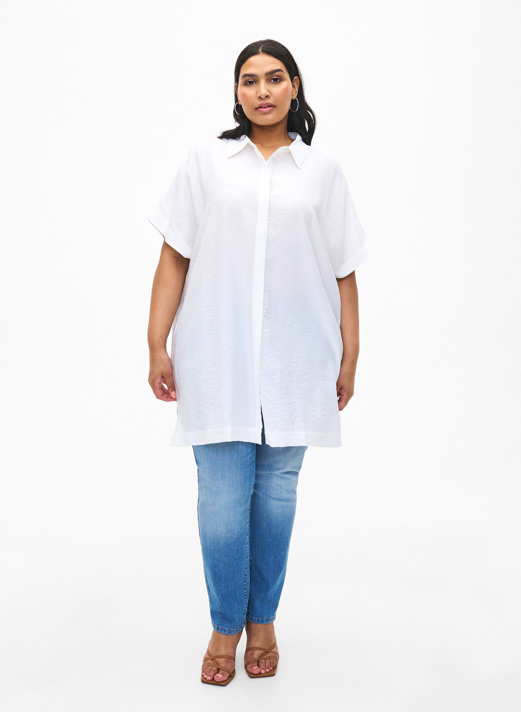 ZizziLang shirt van viscose met korte mouwen, Bright White, Model image number 2