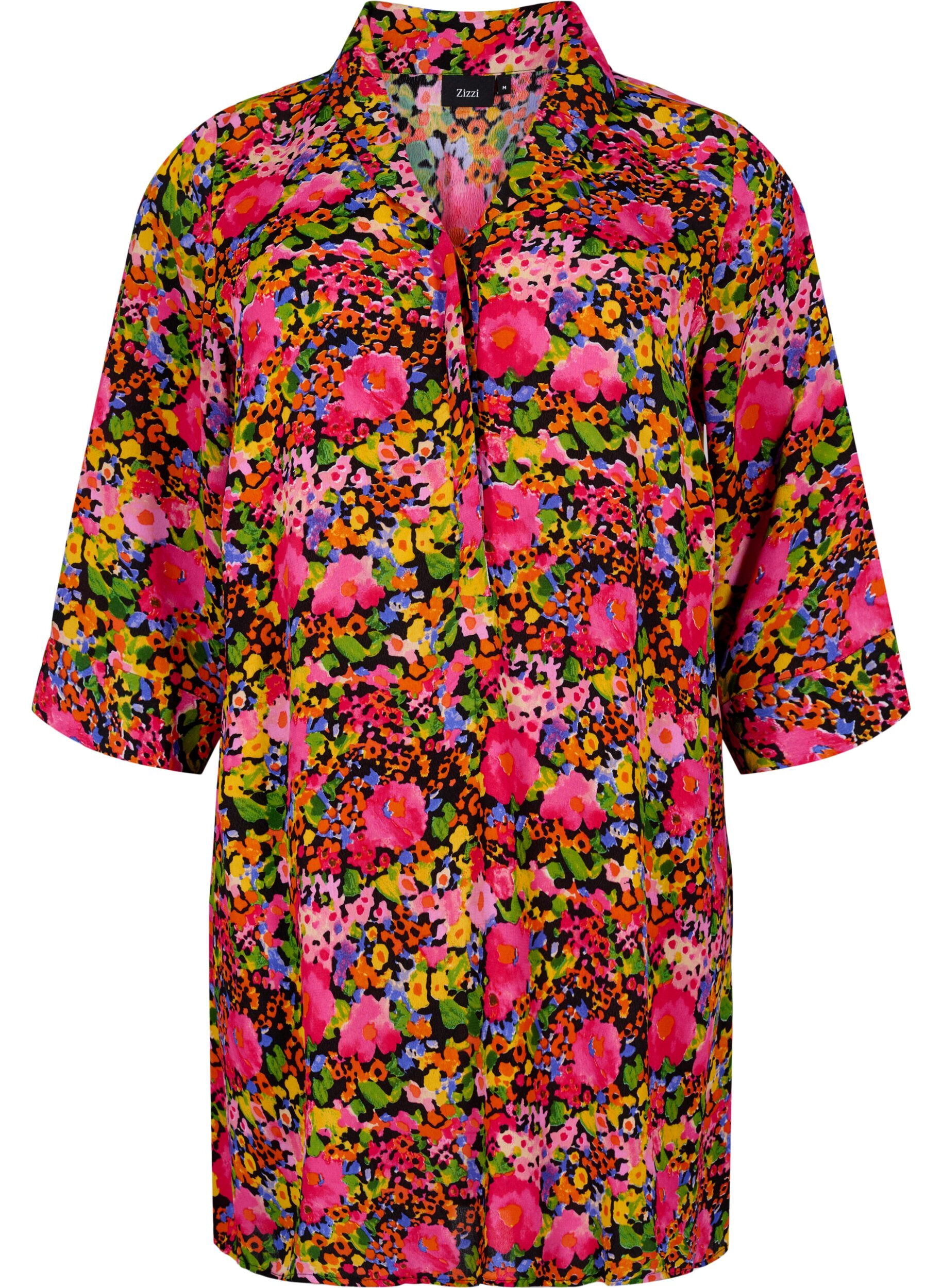 ZizziGebloemde viscose tuniek met 3/4 mouwen, Neon Flower Print, Packshot image number 0