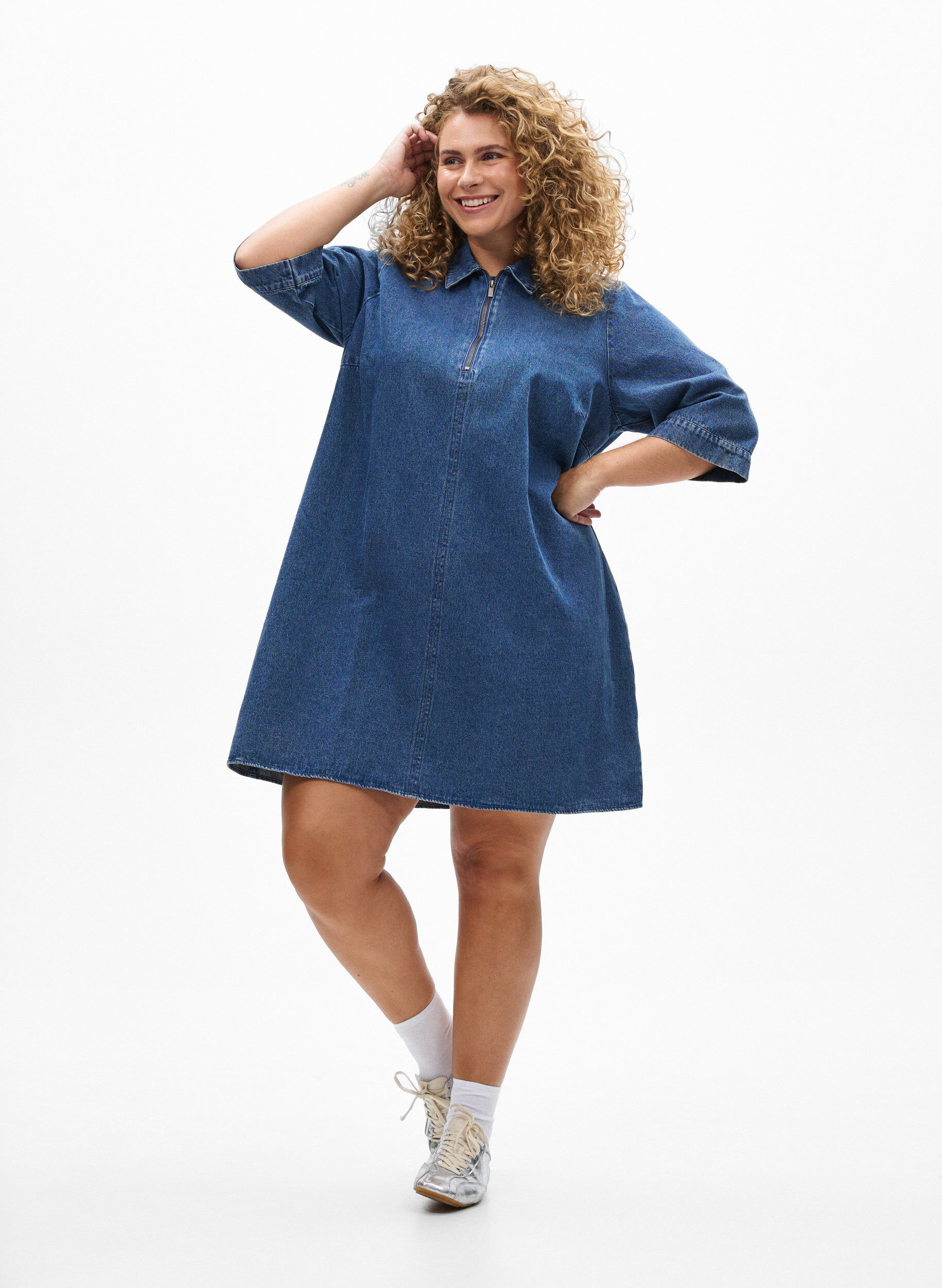 ZizziKorte denimjurk met ritssluiting en 3/4 mouwen, Blauw, Model image number 1