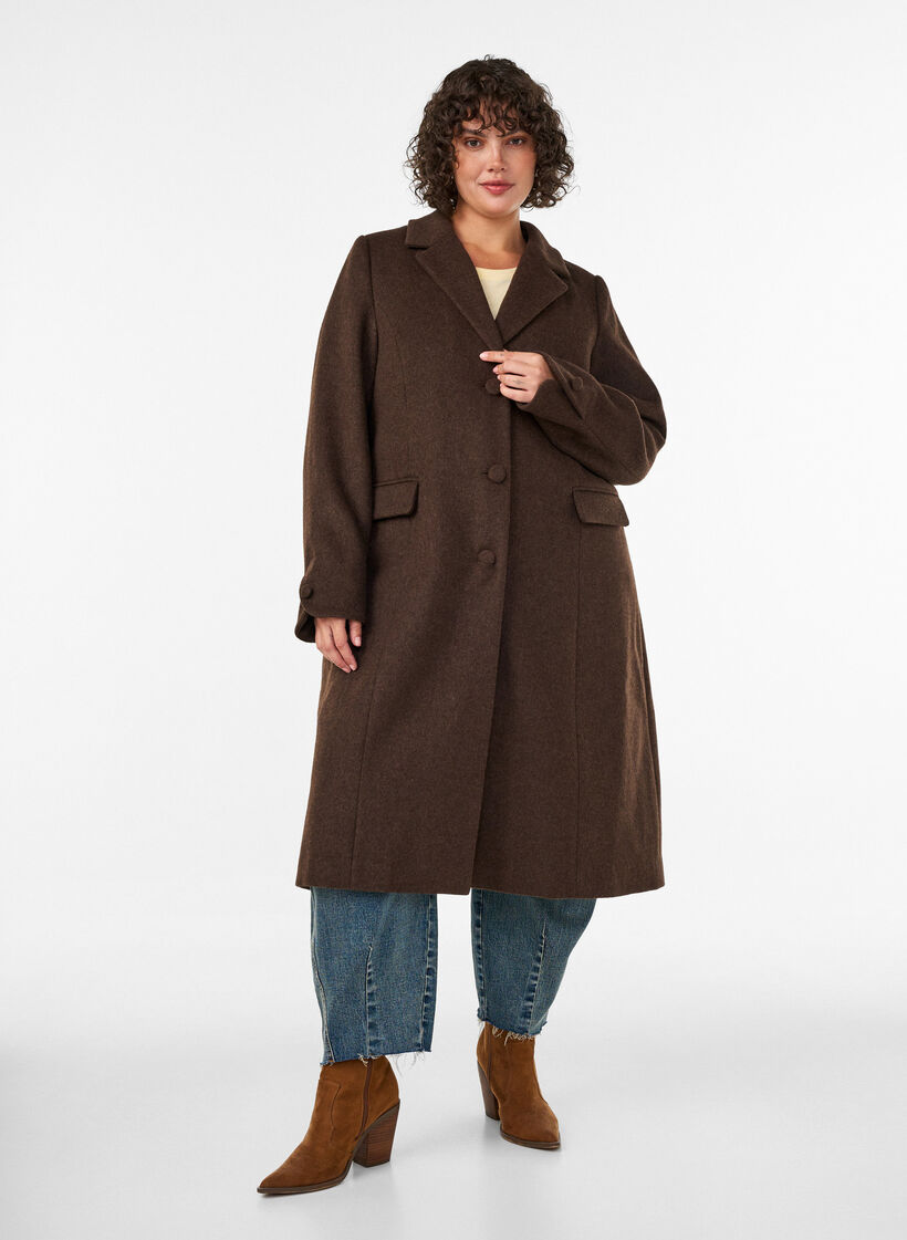 Wolblendjas met revers en knopen, Bruin, Model image number 1