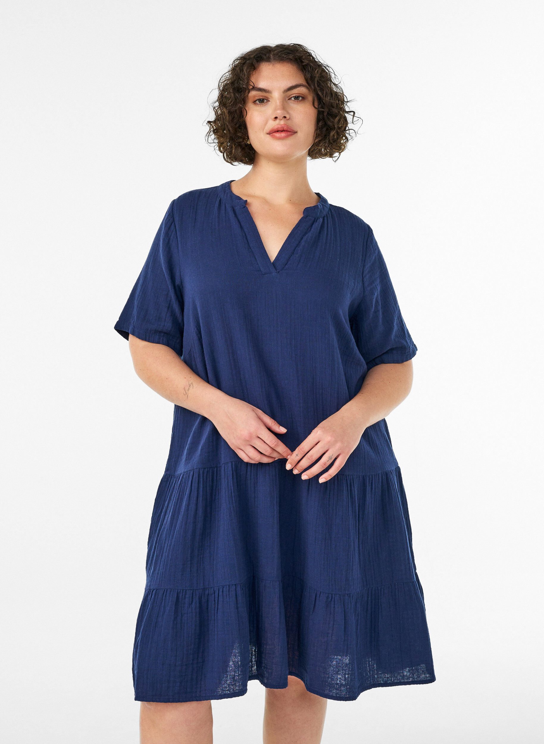 ZizziKorte A-lijn jurk in katoenen mousseline, Blauw, Model image number 0