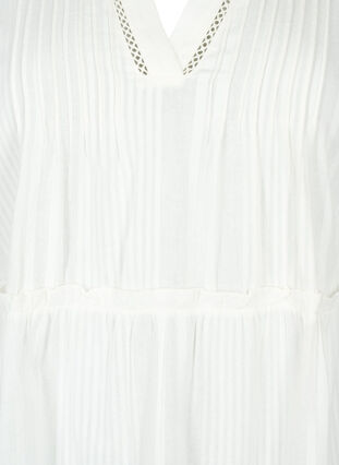 Katoenen jurk met 3/4 mouwen en ruches, Bright White, Packshot image number 2