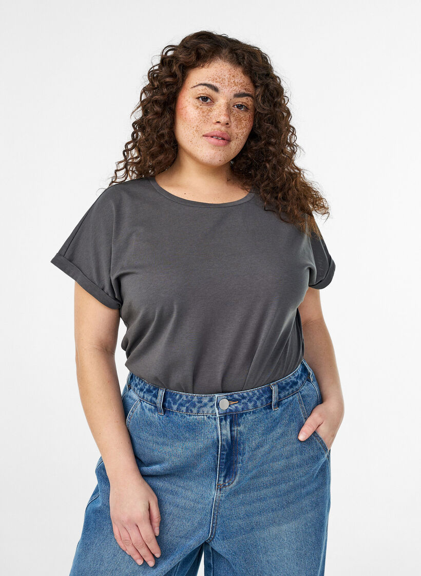 T-shirt &agrave; manches courtes en coton m&eacute;lang&eacute;, Gris anthracite, Model image number 0