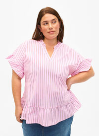 Gestreepte blouse met peplum en ruches, Pink Red Stripe, Model