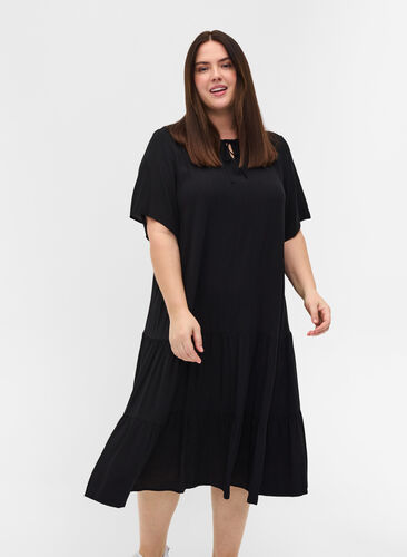 Viscose jurk met korte mouwen en print, Black, Model image number 0