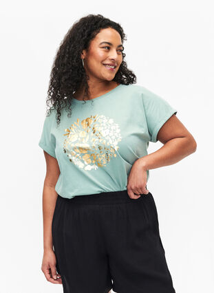 T-shirt en coton biologique avec imprimé doré, Ch.Green Gold Flower, Model image number 0