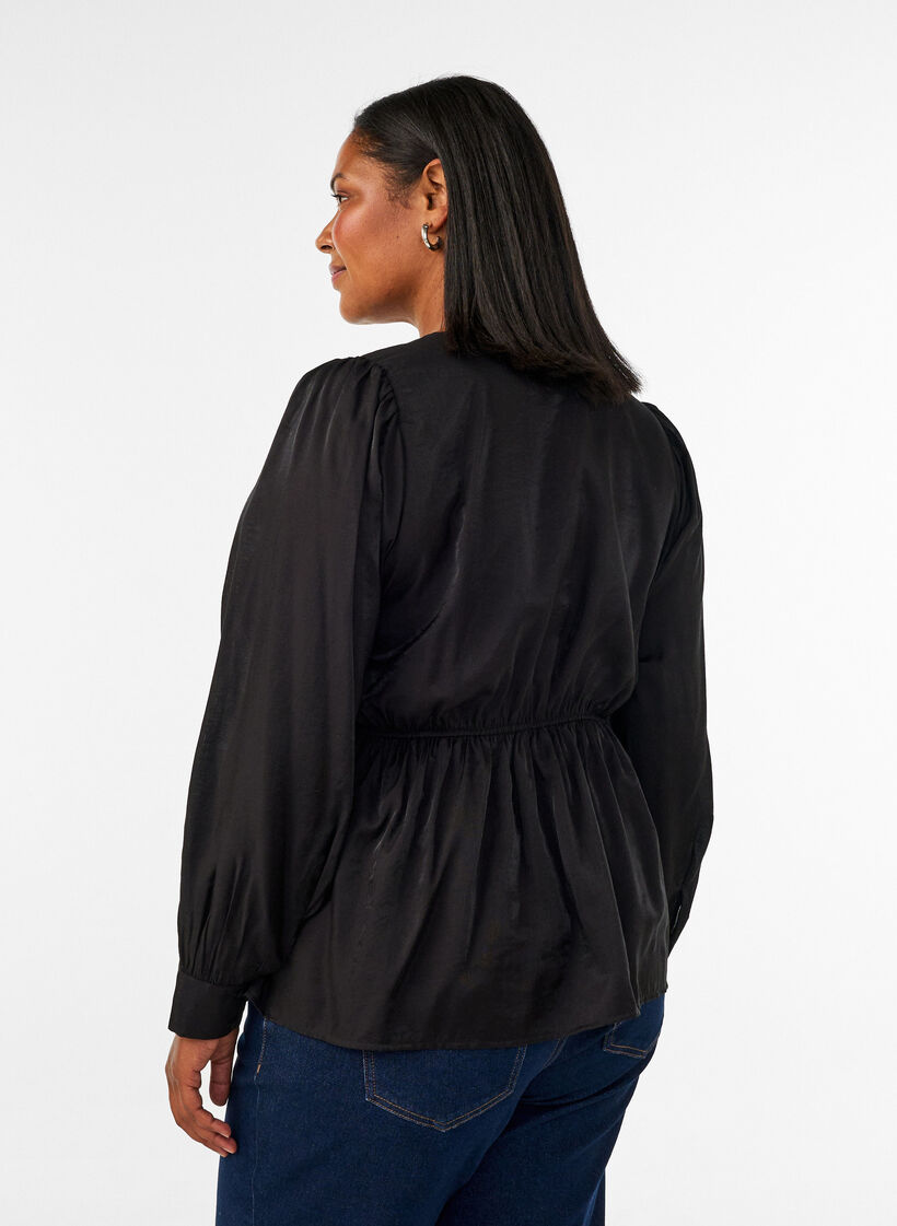 Glanzende viscose blouse met peplumeffect, Zwart, Model image number 2