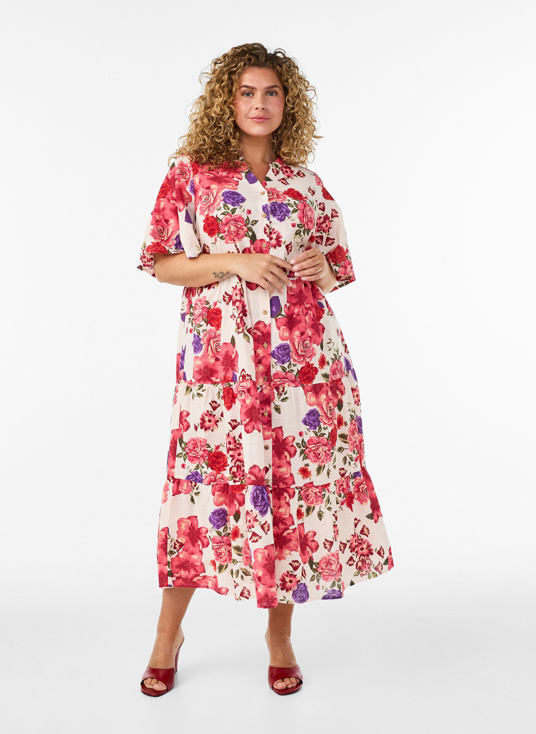ZizziRobe midi en coton avec imprim&eacute; floral, Rouge, Model image number 0