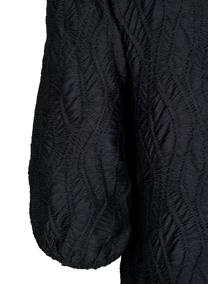 Robe courte avec texture et manches 3/4, Noir, Packshot image number 3