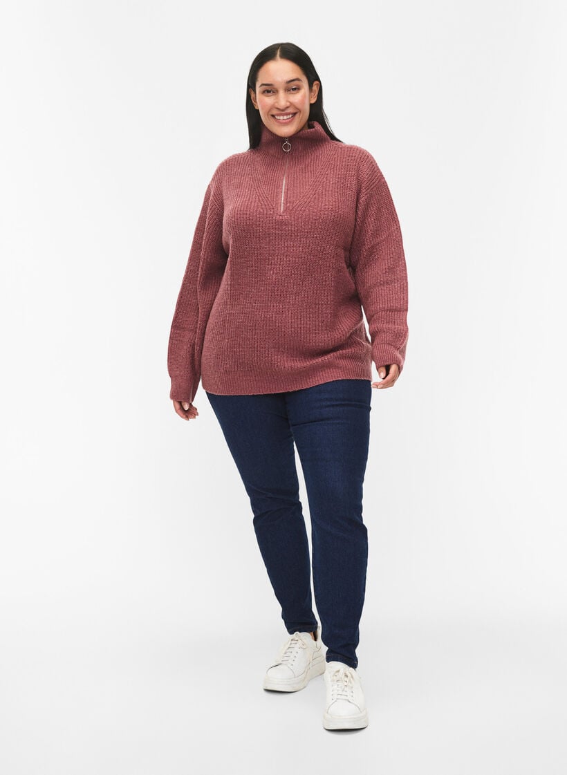 Pull en tricot avec col haut et fermeture &eacute;clair, Rose poudr&eacute;e, Model image number 1
