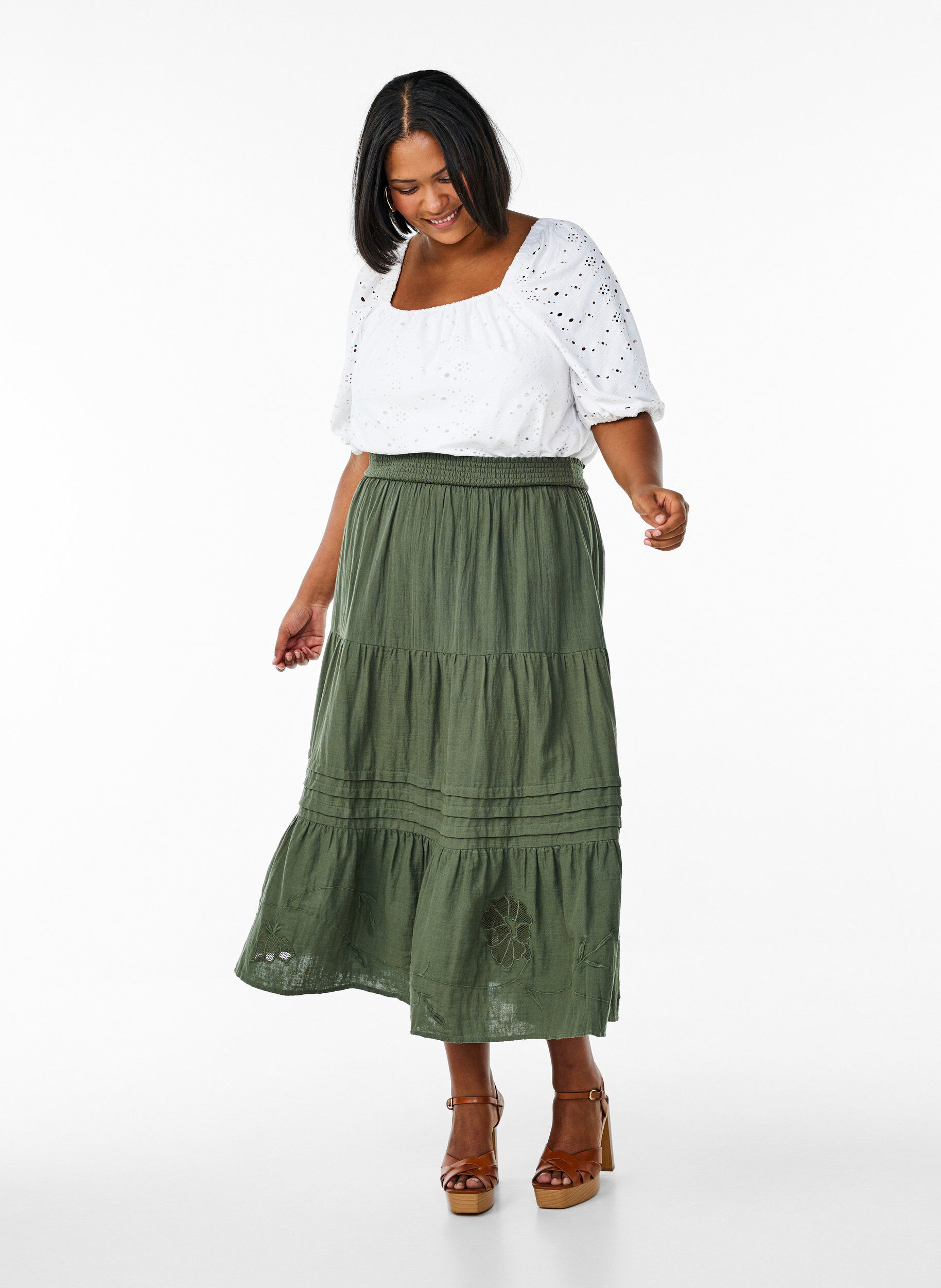 Lange katoenen mousseline rok met geborduurde details, Thyme, Model