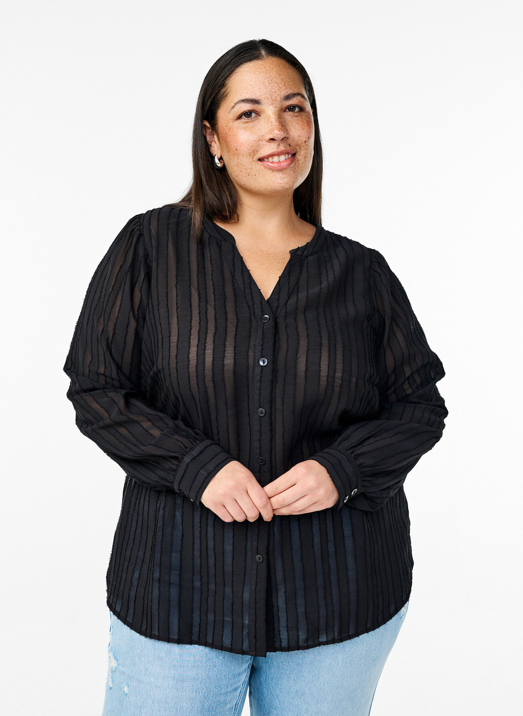 ZizziGestreepte blouse met transparante strepen, Zwart, Model image number 0