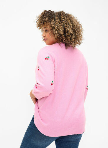 Gebreide blouse met 3/4 mouwen en kersen, B.Pink/Wh.Mel/Cherry, Model image number 1
