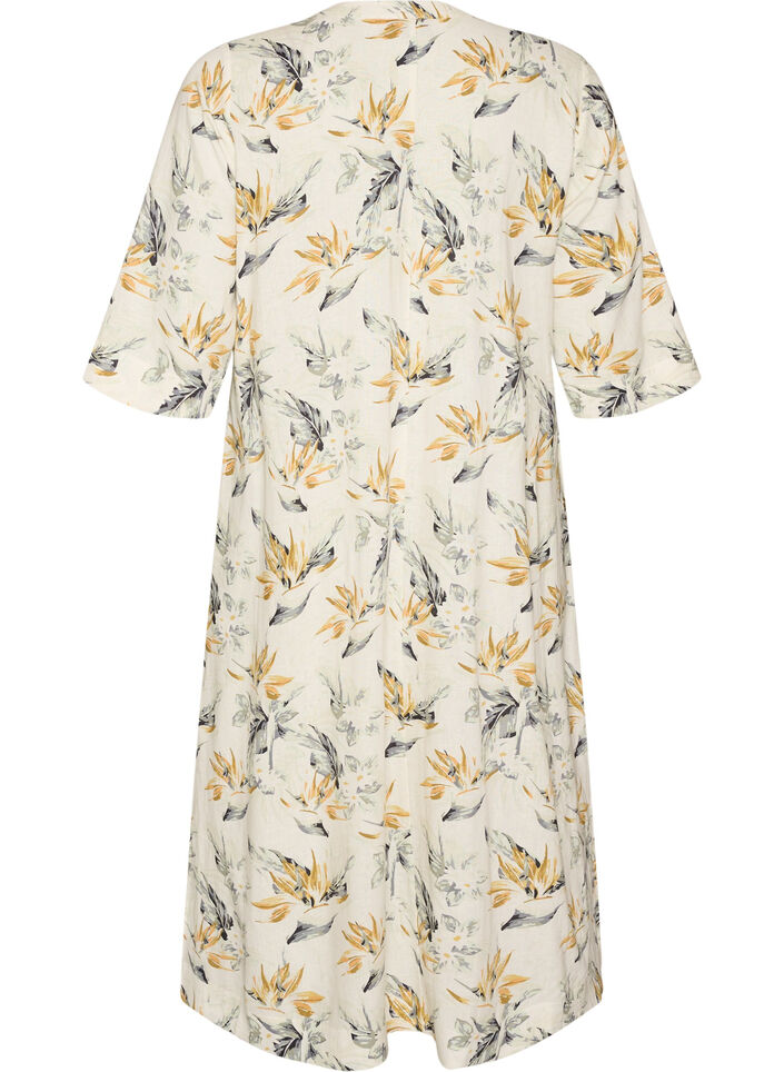 Midi-jurk in linnen en viscose met 1/2 mouwen, Wit, Packshot image number 1