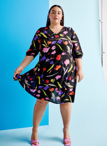 Viscose jurk met print en 3/4 mouwen, Faded Tulip AOP, Image image number 0