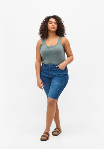 Short en jean avec poches et ourlet brut, Blue denim, Model image number 0