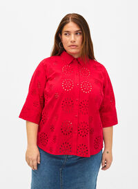 Shirtblouse met Engels borduurwerk en 3/4-mouwen, Tango Red, Model