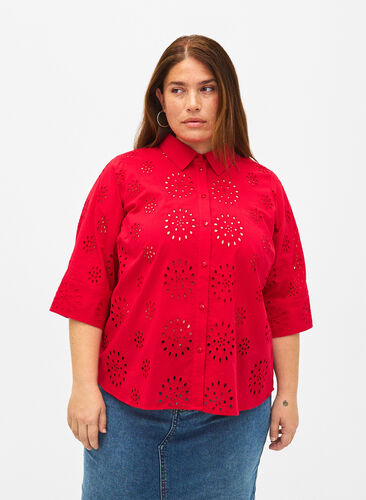 Shirtblouse met Engels borduurwerk en 3/4-mouwen, Tango Red, Model image number 0