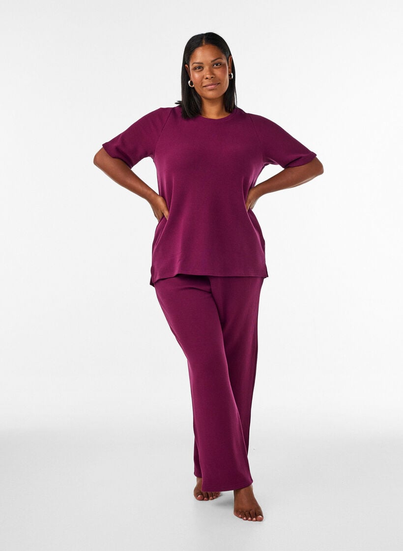 Pantalon ample textur&eacute; &agrave; taille haute, Bordeaux, Model image number 0