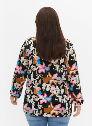 Bedrukte blouse met ruches, Black Multi Flower, Model image number 1