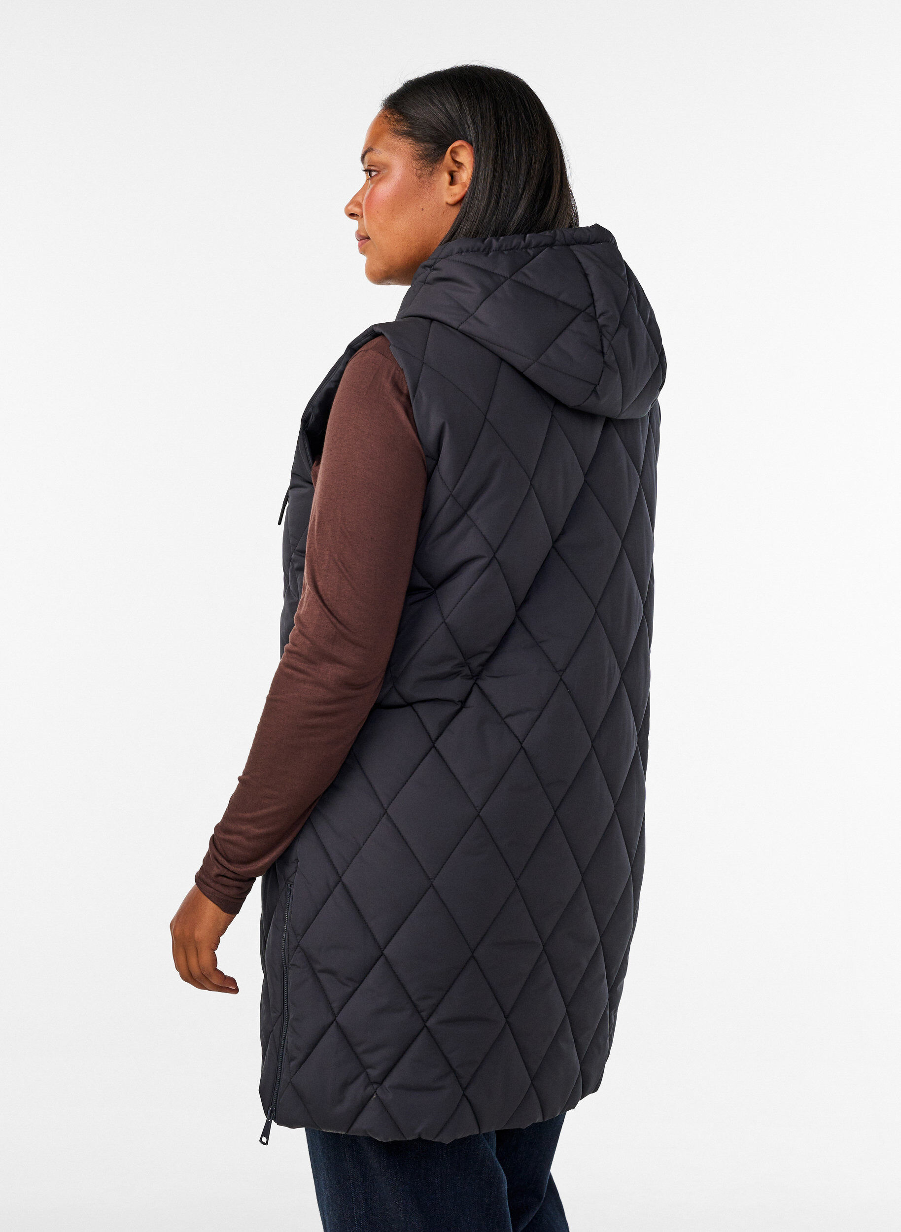 ZizziHalflang gewatteerd gilet met capuchon, Zwart, Model image number 2