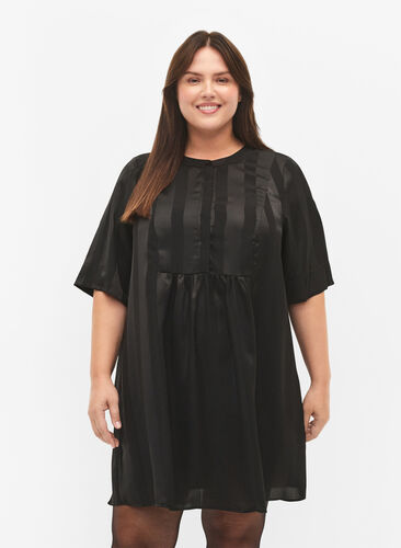 A-lijn jurk met strepen en 1/2-mouwen, Black, Model image number 0