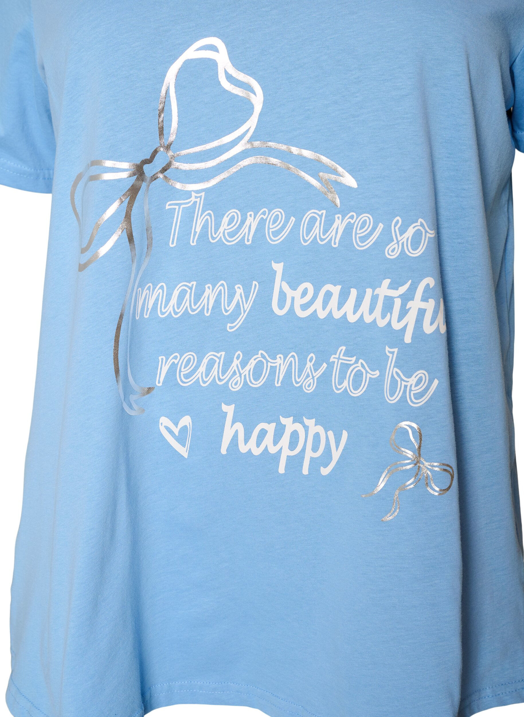 ZizziT-shirt en coton avec col V et imprim&eacute; devant, Bleu Clair, Packshot image number 2