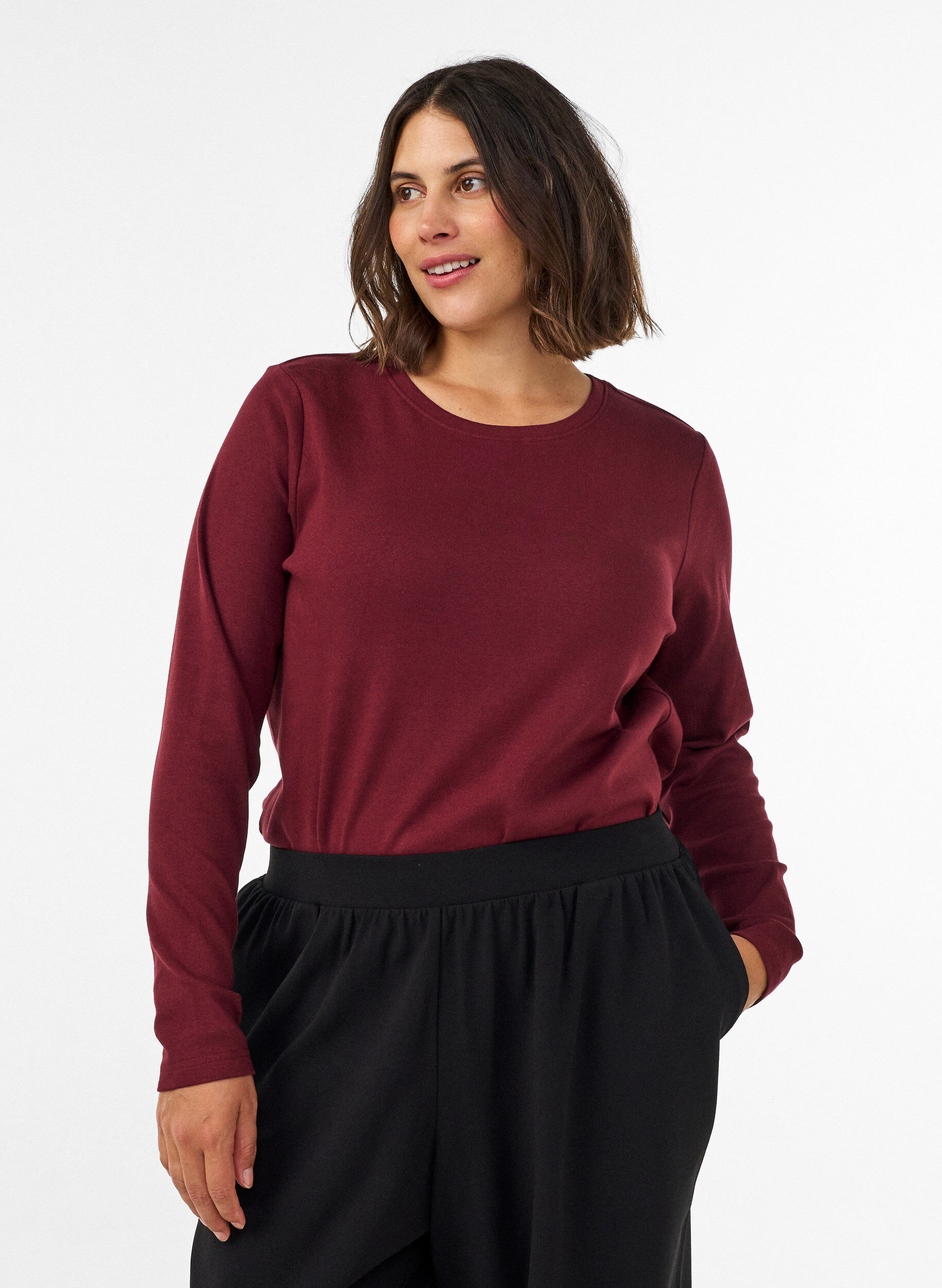ZizziBasic T-shirt met lange mouwen en ronde hals, Rood, Model image number 0