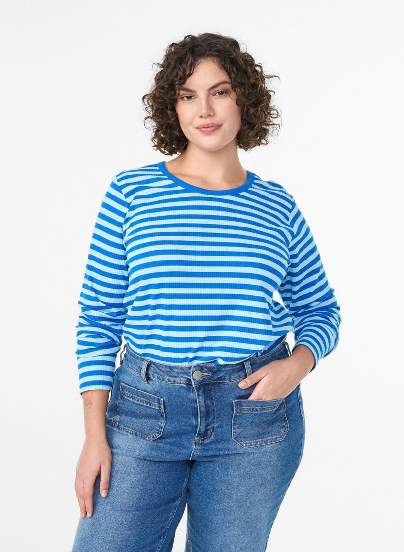 Gestreepte blouse met lange mouwen, Blauw, Model image number 0