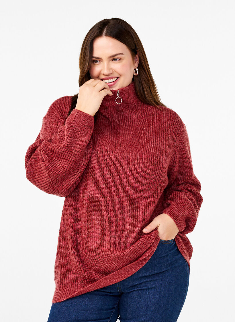 Pull en tricot avec col haut et fermeture &eacute;clair, Bordeaux, Model image number 0