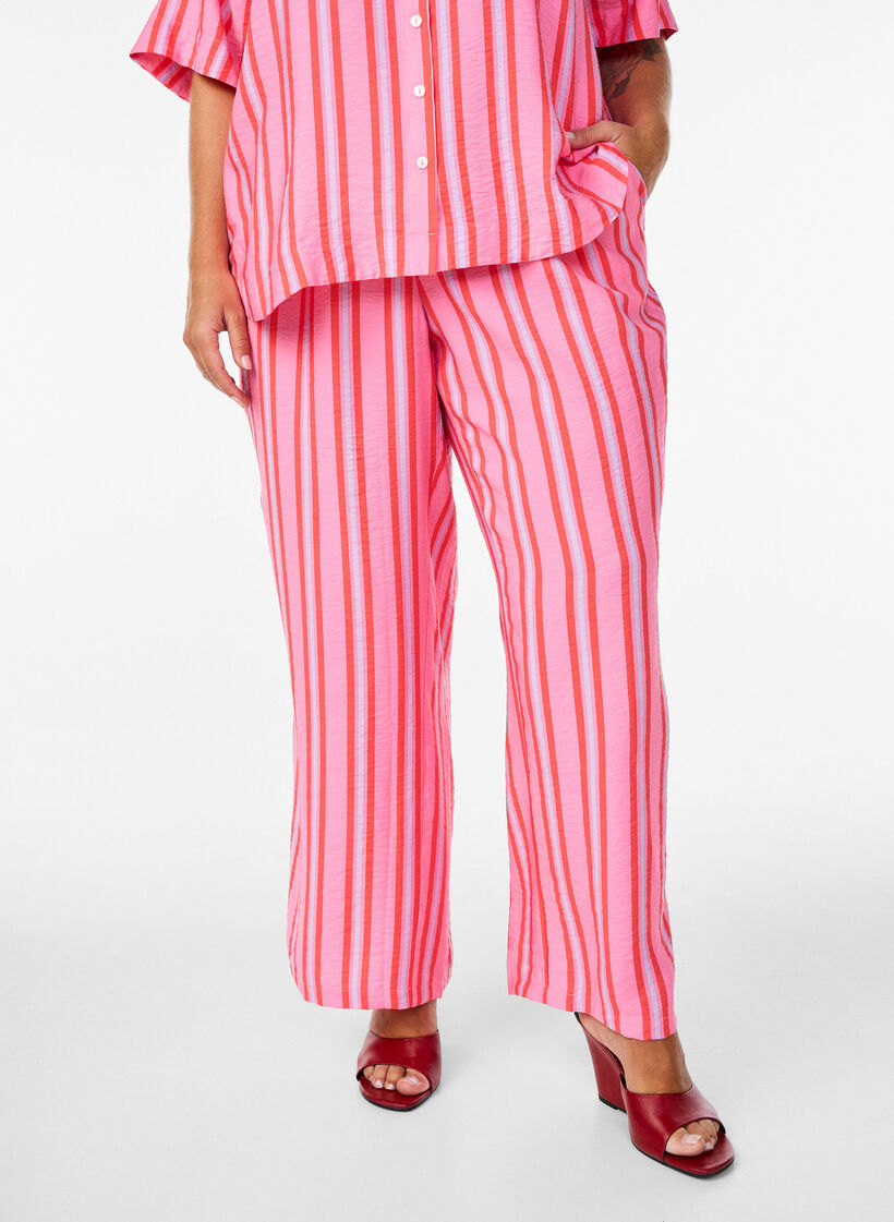 Gestreepte broek met hoge taille en wijde pijpen, Roze, Model image number 2