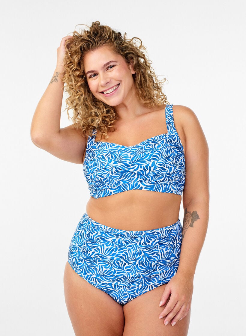 Culotte de bikini imprim&eacute;e et taille haute, Bleu, Model image number 0