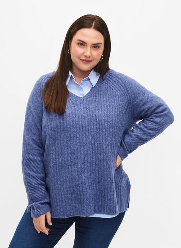 Pull en tricot avec fente, Gray Blue Mel., Model image number 0