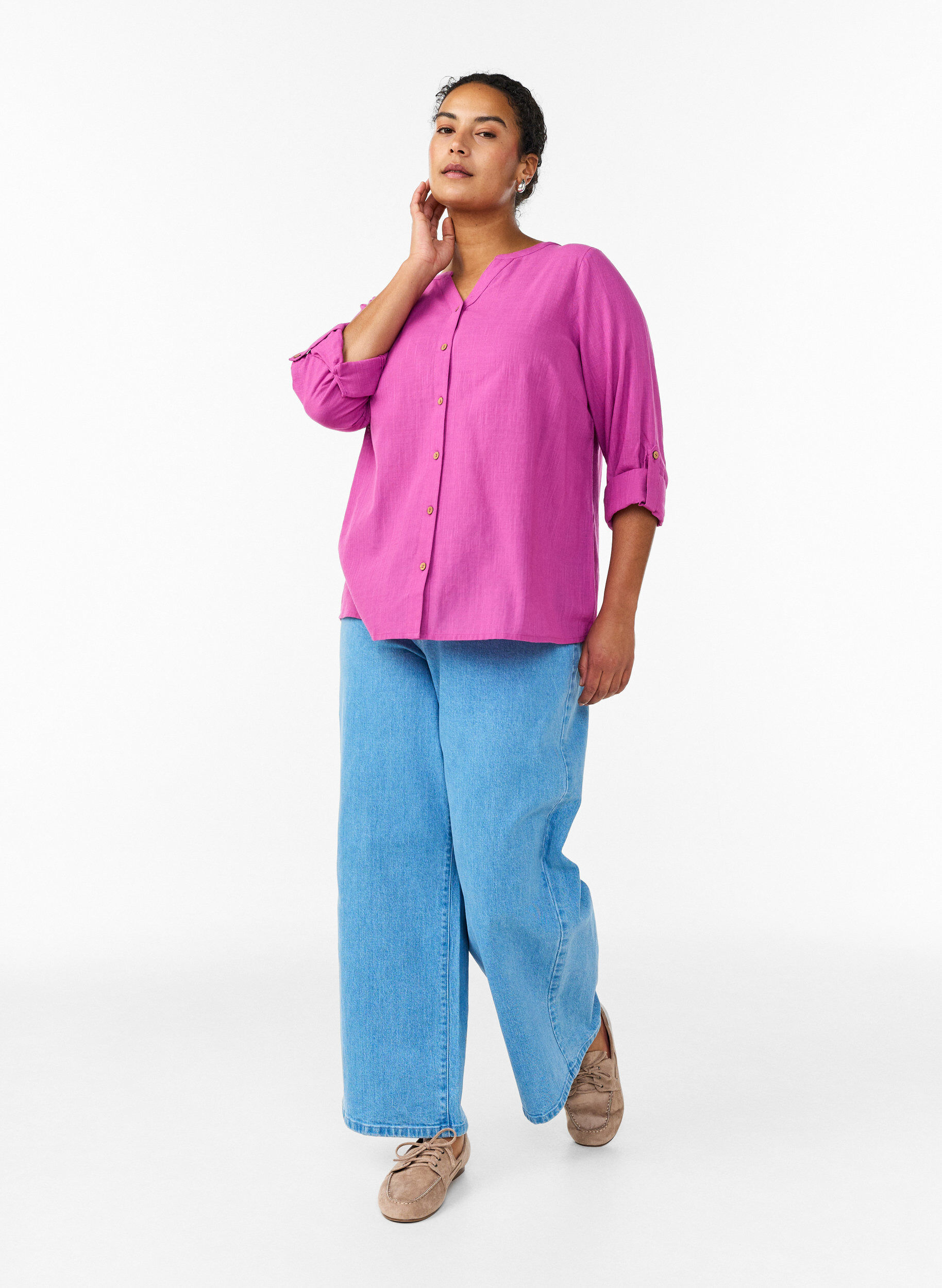 Zizzi Chemisier en coton avec col en V, Rose, Model image number 1