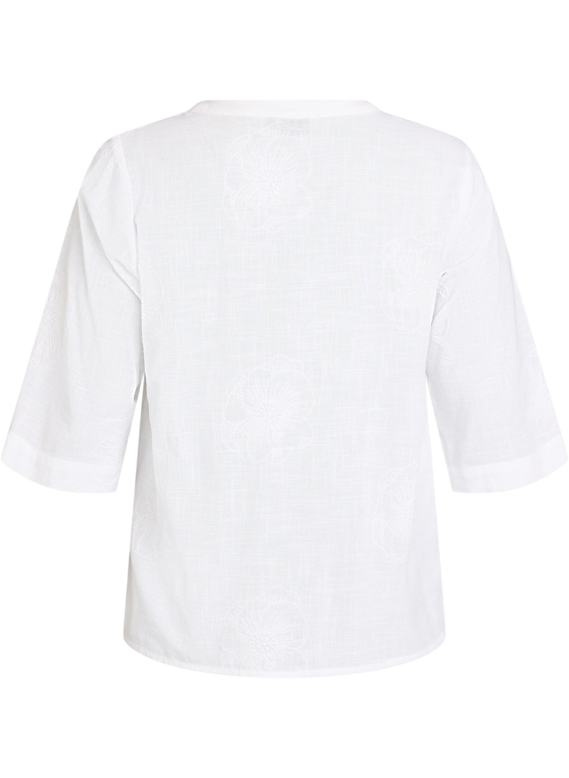 Zizzi Blouse en coton avec d&eacute;tails brod&eacute;s et manches 3/4, Blanc, Packshot image number 1