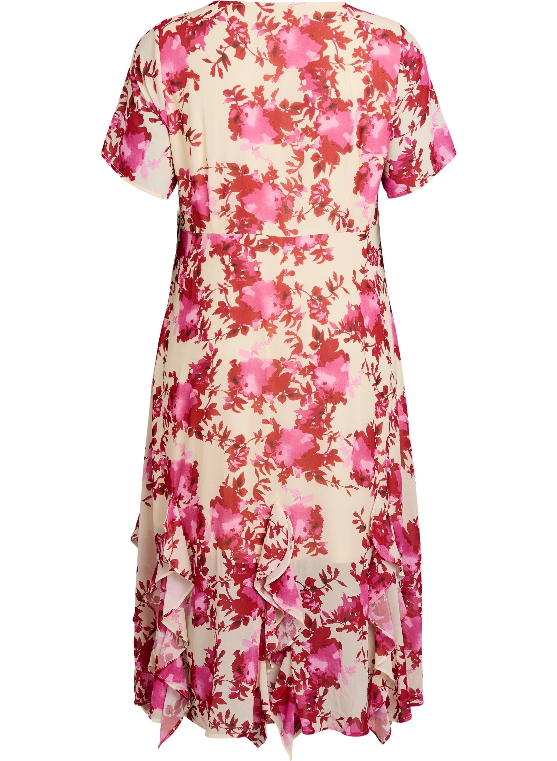 ZizziBloemenprint chiffon jurk met ruches en een V-hals, 9990, Packshot image number 1