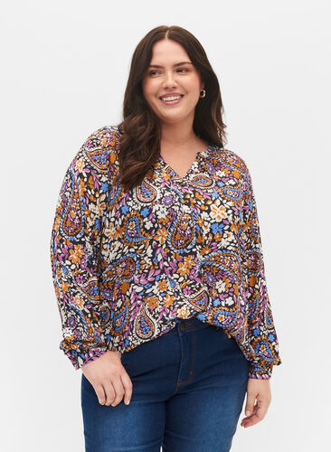 100% viscose blouse met bloemenprint100% viscose blouse met bloemenprint, Black G. Sky Paisley, Model image number 0