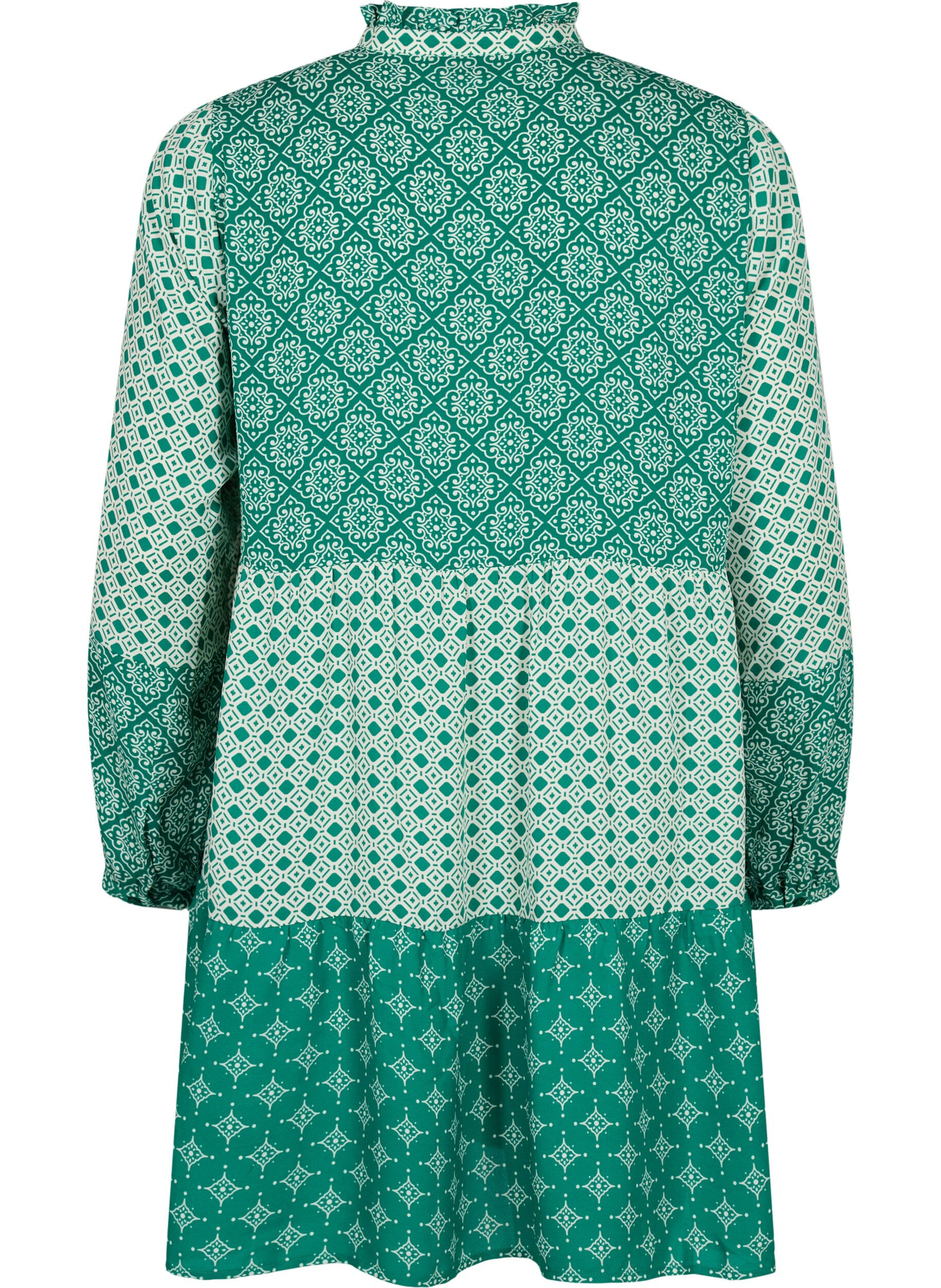 Zizzi Robe trap&egrave;ze avec motifs et lignes de coupe, Green AOP, Packshot image number 1