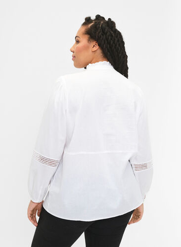 Overhemdblouse met ruches op de kraag en een gehaakte band, Bright White, Model image number 1