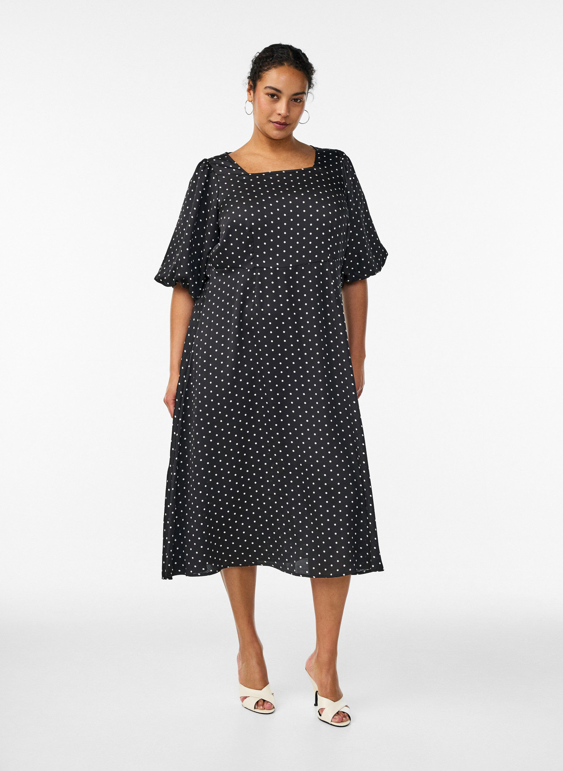 ZizziPolkadot midi-jurk met vierkante halslijn, Zwart, Model image number 0