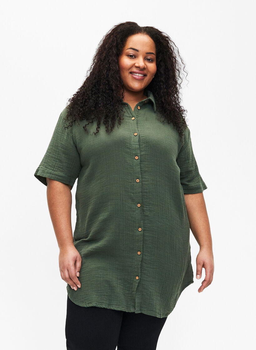 Shirt met korte mouwen en knopen, Thyme, Model image number 0