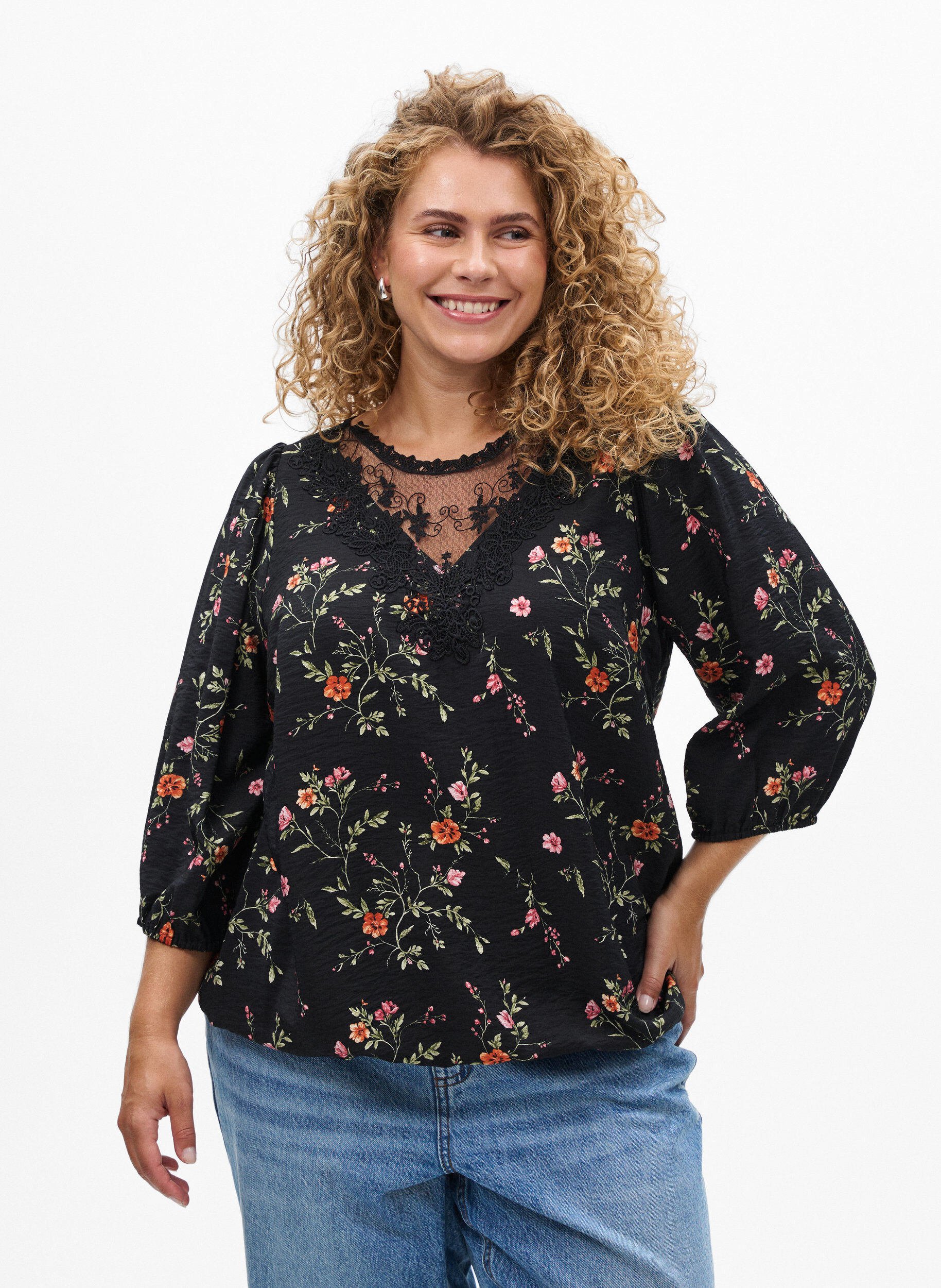 Blouse met 3/4 mouwen en kantdetails, Zwart, Model