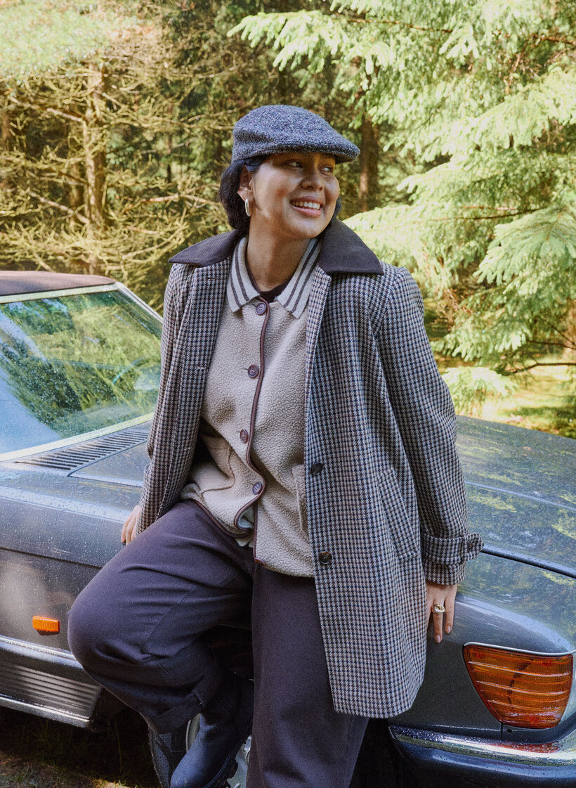 Manteau &agrave; carreaux avec col en velours c&ocirc;tel&eacute;, Marron, Image