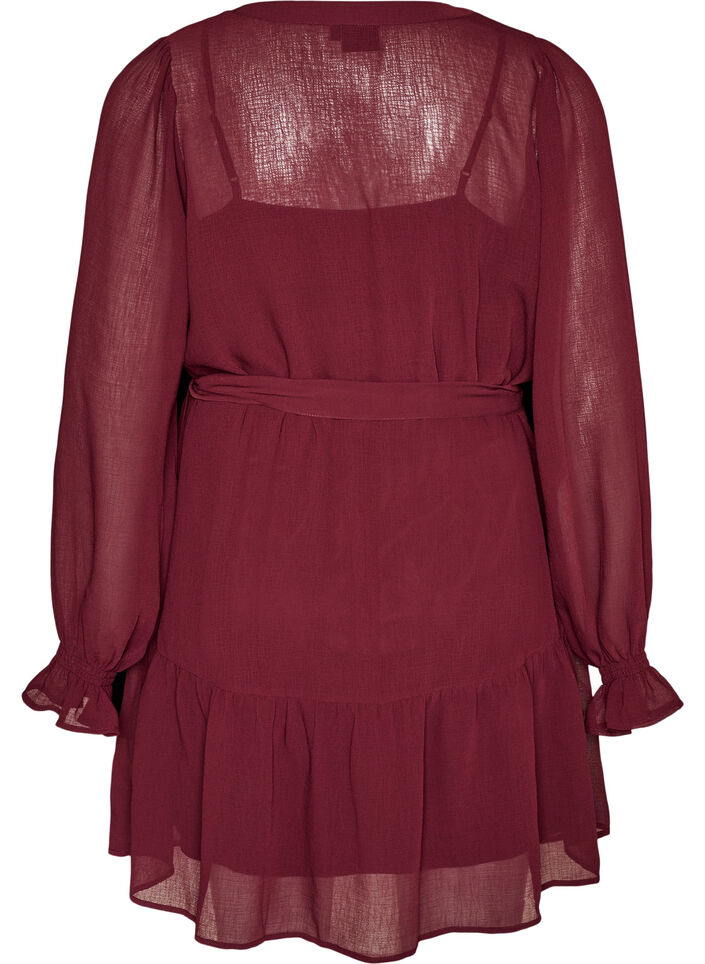 Robe en tissu tiss&eacute; l&eacute;ger avec des volants et une ceinture &agrave; nouer, Bordeaux, Packshot image number 1