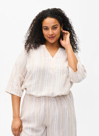 Gestreepte blouse in een mix van linnen en viscose, Beige White Stripe, Model